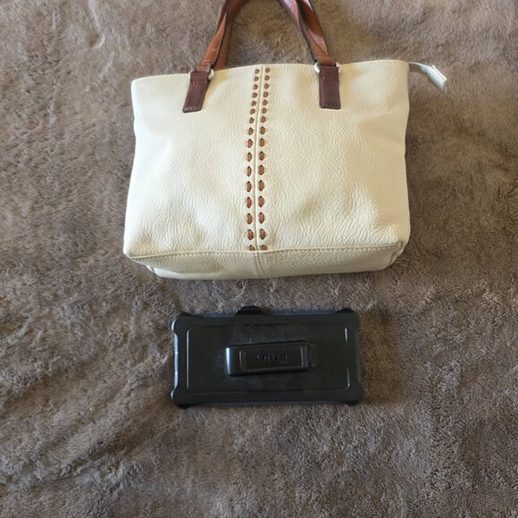 Fossil Pebbled Leather Tote Bag Cream Tan Zip Top Purse - Picture 14 of 16
